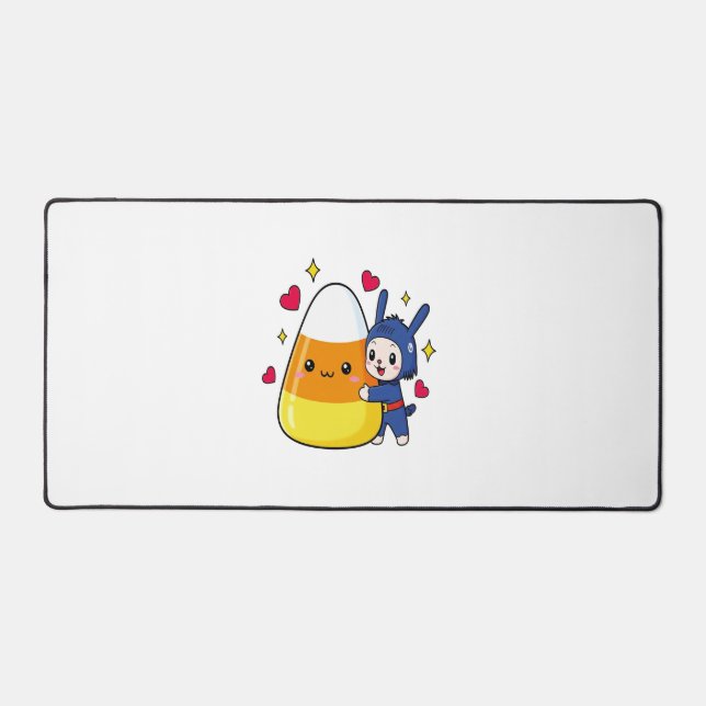 Cute Bunny Hugging Candy Corn Desk Mat (Front)