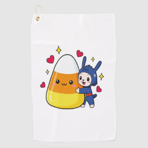 Cute Bunny Hugging Candy Corn Golf Towel