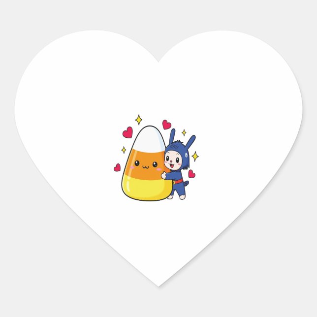 Cute Bunny Hugging Candy Corn Heart Sticker (Front)