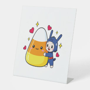 Cute Bunny Hugging Candy Corn Pedestal Sign