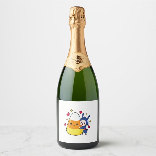 Cute Bunny Hugging Candy Corn Sparkling Wine Label (Front)