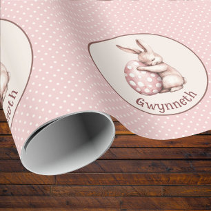 Cute Bunny Hugging Polka Dot Egg Monogram Wrapping Paper