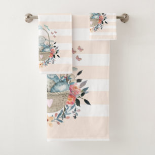 Cute Bunny in a basket with Eggs & Pretty Flowers Bath Towel Set