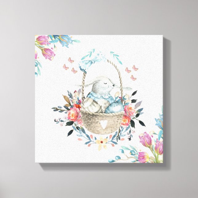 Cute Bunny in a basket with Eggs & Pretty Flowers Canvas Print (Front)