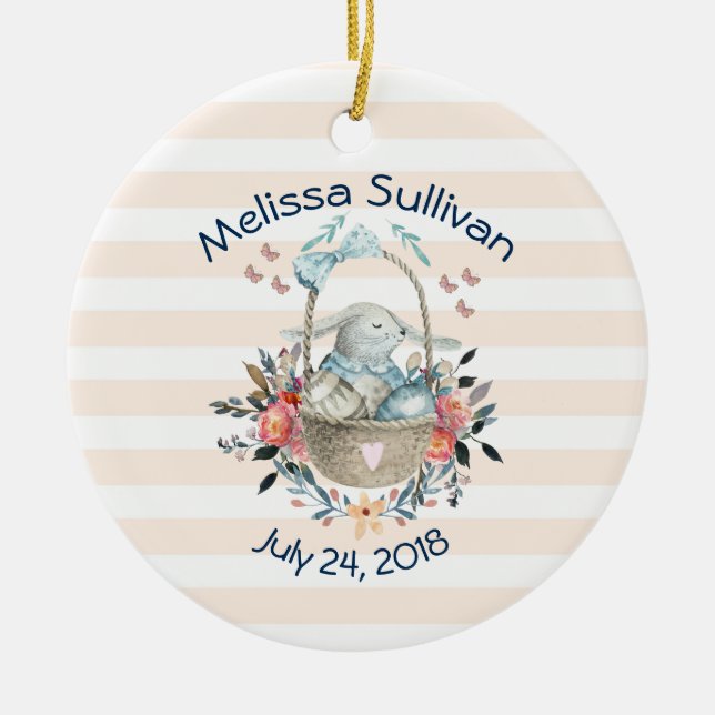 Cute Bunny in a basket with Eggs & Pretty Flowers Ceramic Ornament (Front)