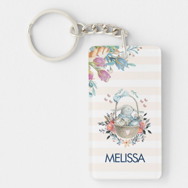 Cute Bunny in a basket with Eggs & Pretty Flowers Keychain (Front)