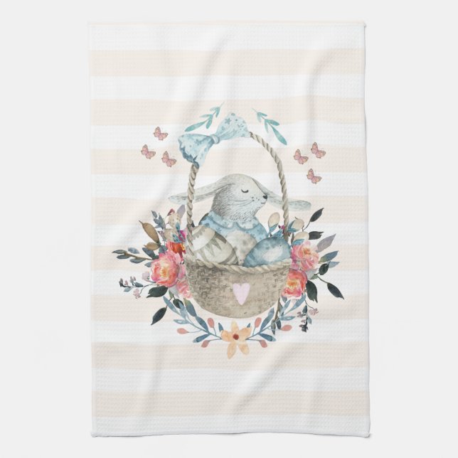 Cute Bunny in a basket with Eggs & Pretty Flowers Kitchen Towel (Vertical)