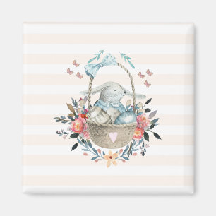 Cute Bunny in a basket with Eggs & Pretty Flowers Magnet