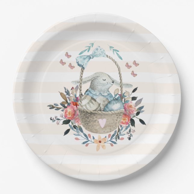 Cute Bunny in a basket with Eggs & Pretty Flowers Paper Plate (Front)