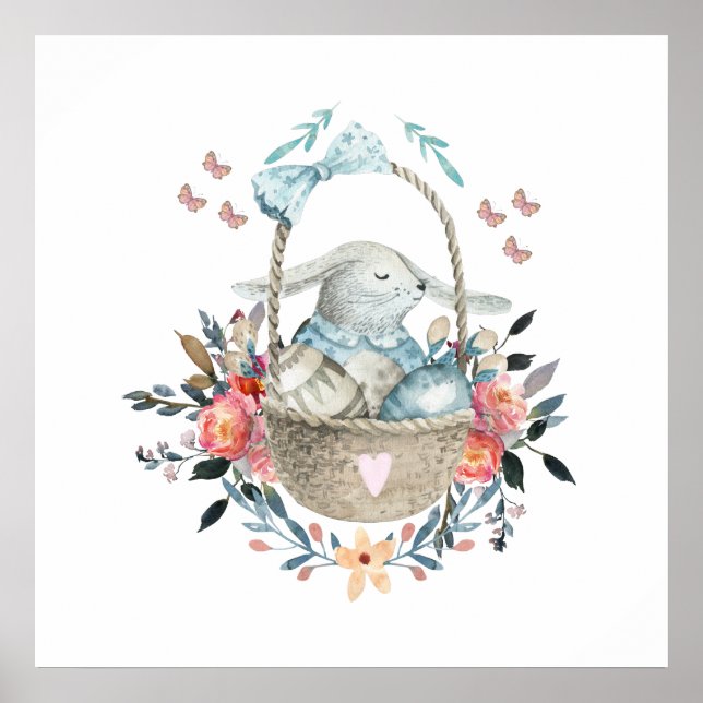 Cute Bunny in a basket with Eggs & Pretty Flowers Poster (Front)