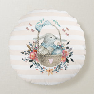 Cute Bunny in a basket with Eggs & Pretty Flowers Round Pillow