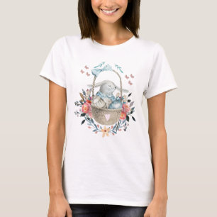 Cute Bunny in a basket with Eggs & Pretty Flowers T-Shirt