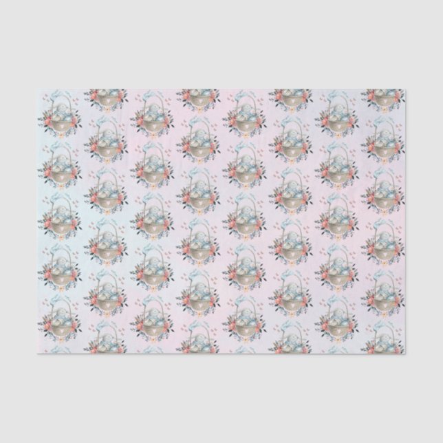 Cute Bunny in a basket with Eggs & Pretty Flowers Tissue Paper (Front)