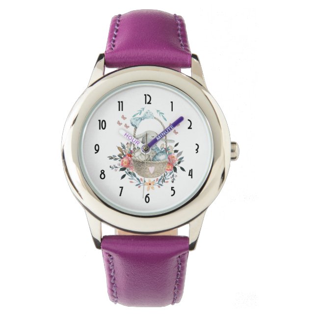 Cute Bunny in a basket with Eggs & Pretty Flowers Watch (Front)