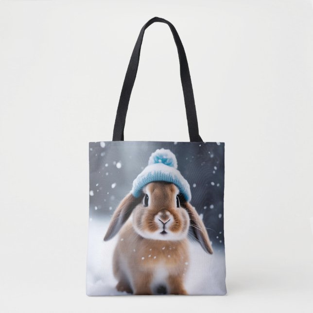 Cute Bunny in a Bobble Hat OWN ART Christmas Tote Bag (Front)