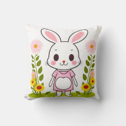 Cute Bunny in a Dress Surrounded by Flowers Throw Pillow