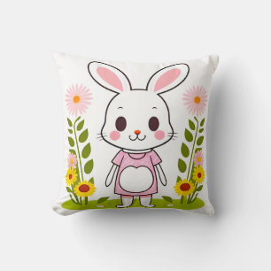 Cute Bunny in a Dress Surrounded by Flowers Throw Pillow