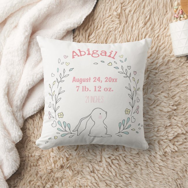 Cute bunny in a wreath - Birth Stats Nursery Throw Pillow (Blanket)