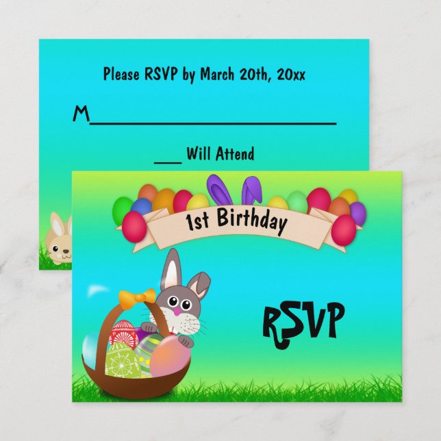 Cute Bunny In Basket Easter 1st Birthday RSVP Invitation (Front/Back)