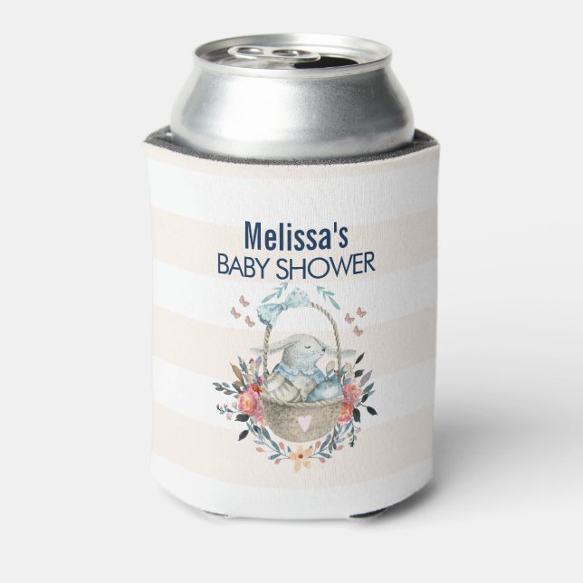 Cute Bunny in Basket & PrettyFlorals Baby Shower Can Cooler (Can Back)