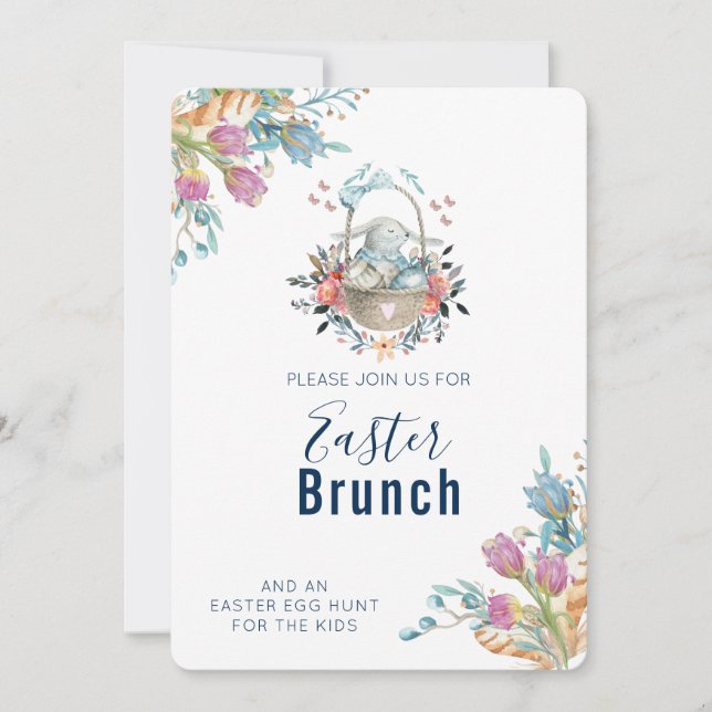 Cute Bunny in Basket & Tulip Florals Easter Brunch Invitation (Front)
