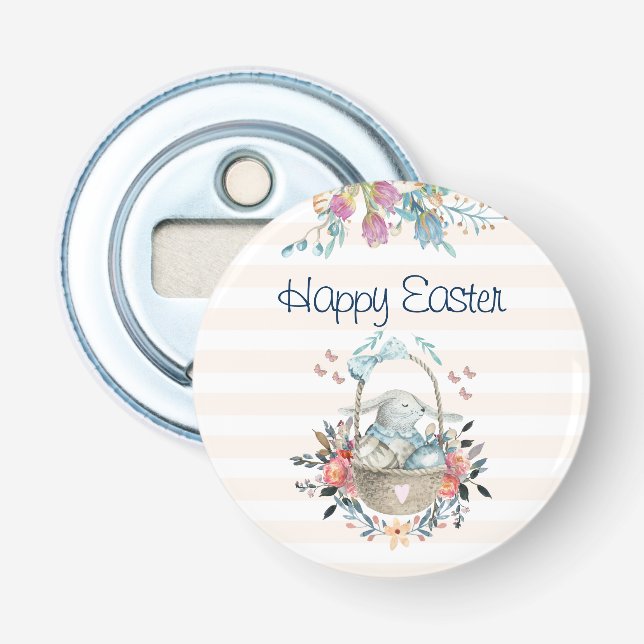 Cute Bunny in Basket & Tulip Florals Happy Easter Bottle Opener (Front)