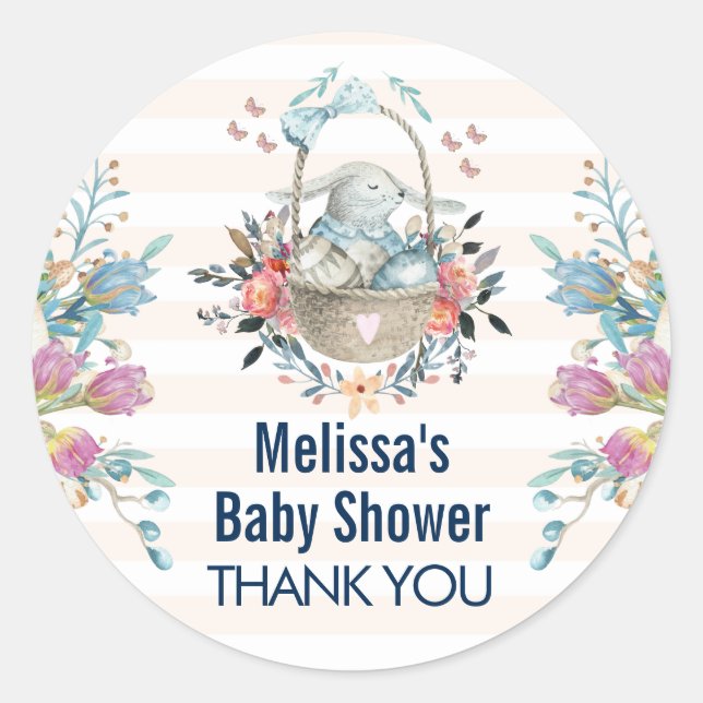 Cute Bunny in Basket & Tulip Florals Shower Thanks Classic Round Sticker (Front)