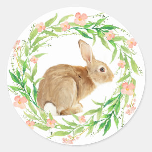 Cute Bunny in Floral Wreath Classic Round Sticker