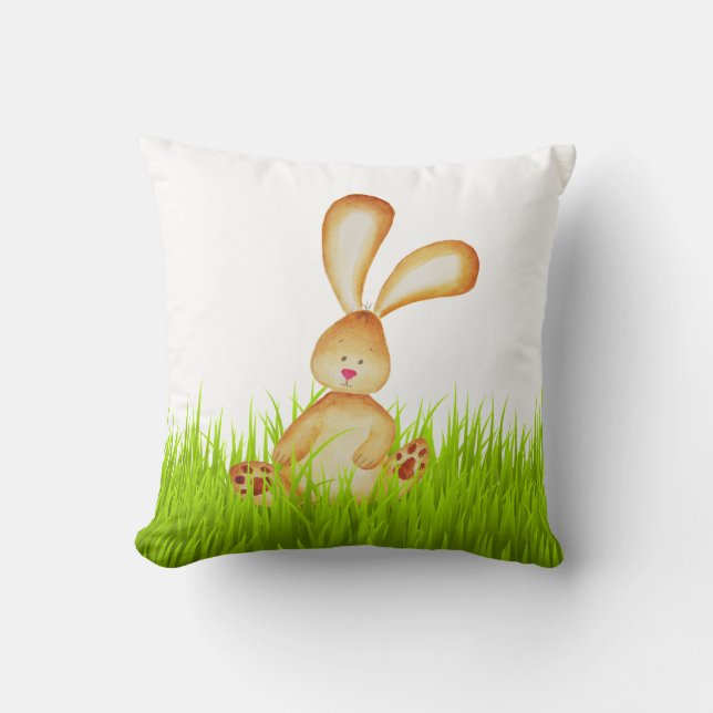 Cute Bunny in Grass Spring Throw Pillow (Front)
