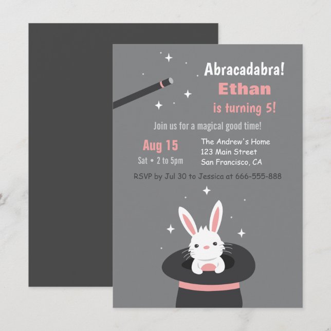 Cute Bunny in Hat Kids Magic Themed Birthday Party Invitation (Front/Back)