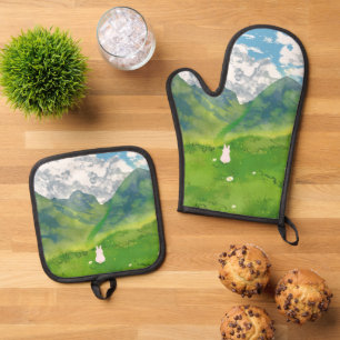Cute Bunny in Mountain View Oven Mitt & Pot Holder Set