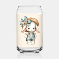 Cute Bunny in Overalls with Straw Hat & Bow
