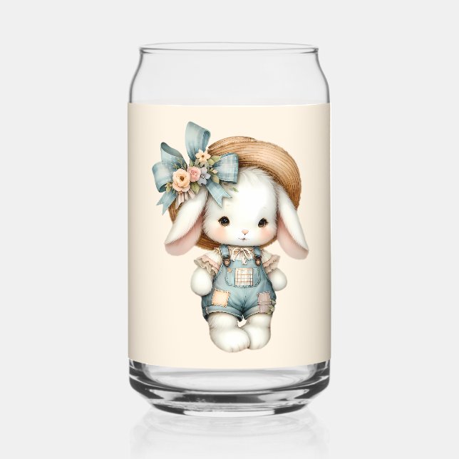 Cute Bunny in Overalls with Straw Hat & Bow Can Glass (Back)