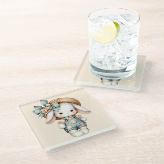 Cute Bunny in Overalls with Straw Hat & Bow Glass Coaster (Angled)