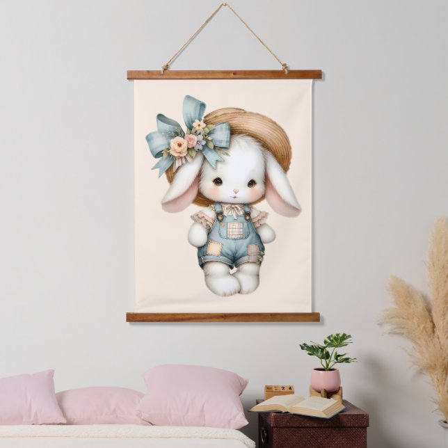 Cute Bunny in Overalls with Straw Hat & Bow Hanging Tapestry (Bedroom)