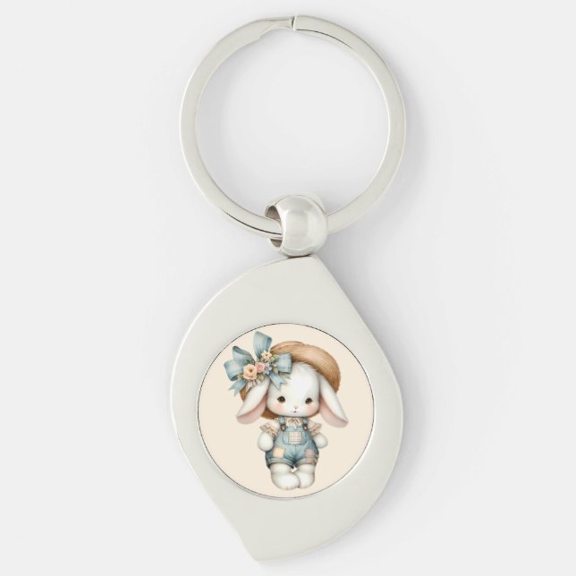 Cute Bunny in Overalls with Straw Hat & Bow Keychain (Front)