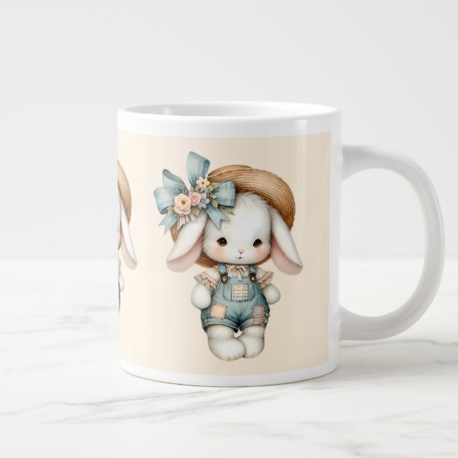 Cute Bunny in Overalls with Straw Hat & Bow Large Coffee Mug (Right)