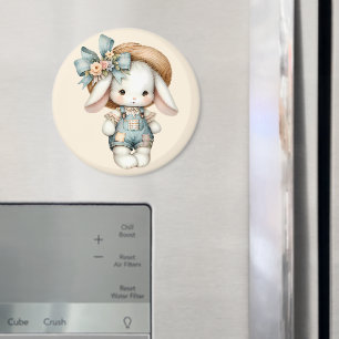 Cute Bunny in Overalls with Straw Hat & Bow Magnet