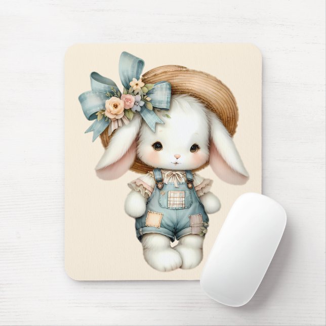 Cute Bunny in Overalls with Straw Hat & Bow Mouse Pad (With Mouse)