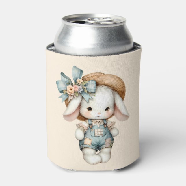 Cute Bunny in Overalls with Straw Hat & Bow Mug Can Cooler (Can Front)