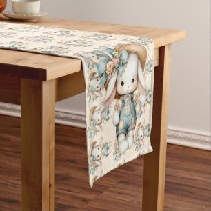 Cute Bunny in Overalls with Straw Hat & Bow Short Table Runner
