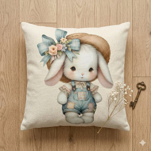 Cute Bunny in Overalls with Straw Hat & Bow Throw Pillow
