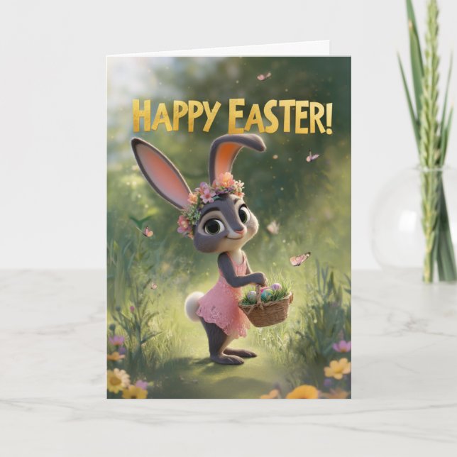 Cute Bunny in Pink Dress With Easter Basket Card (Front)