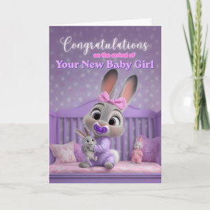 Cute Bunny in Purple New Baby Girl Congratulations Card