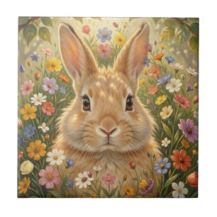 Cute Bunny in Vibrant Flower Meadow Tile