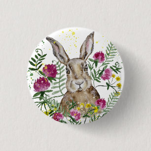 Cute bunny in watercolor flowers 1 inch round button