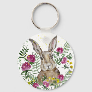 Cute bunny in watercolor flowers keychain
