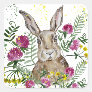 Cute bunny in watercolor flowers square sticker