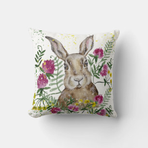 Cute bunny in watercolor flowers throw pillow