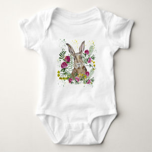 Cute bunny in watercolour flowers baby bodysuit